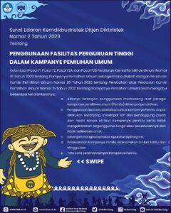 Surat Edaran Kemendikbudristek Ditjen Diktiristek Nomor 2 Tahun 2023 tentang Penggunaan Fasilitas Perguruan Tinggi Dalam Kampanye Pemilu